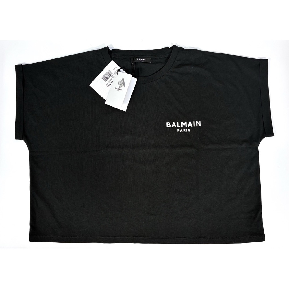 Balmain Cropped Eco-Designed Cotton T-Shirt Tee Flocked Logo Black XL NWT - Picture 7 of 14